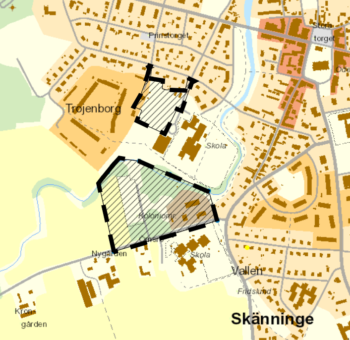 Planområdet omfattar området mellan Trojenborgsskolan och flerbostadshusen norr om skolan samt området vid gamla Vattenverkstan och kommunförrådet, inklusive det gamla koloniområdet och en remsa jordbruksmark. 