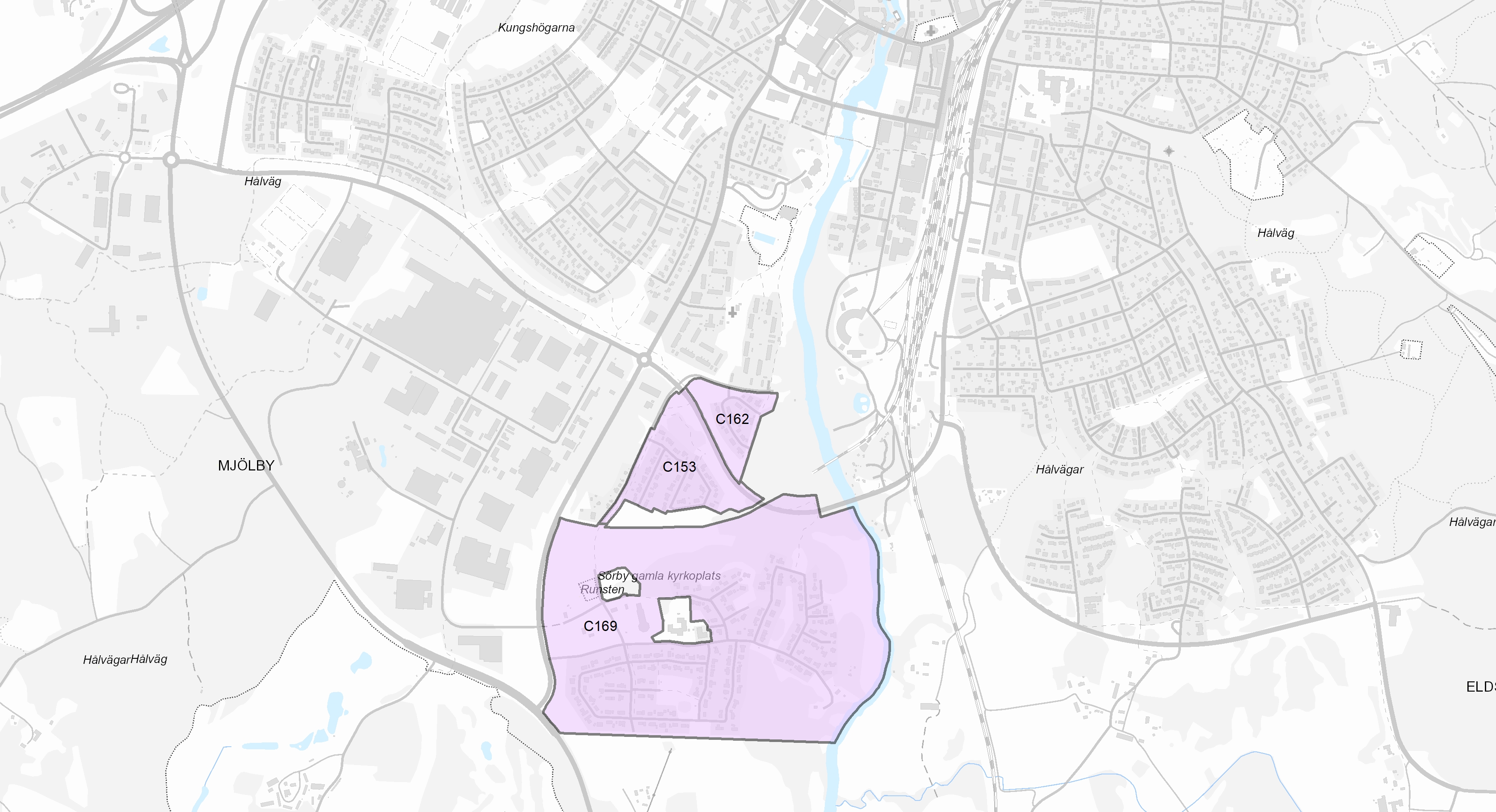 Översiktskarta över berörda planområden i Mjölby