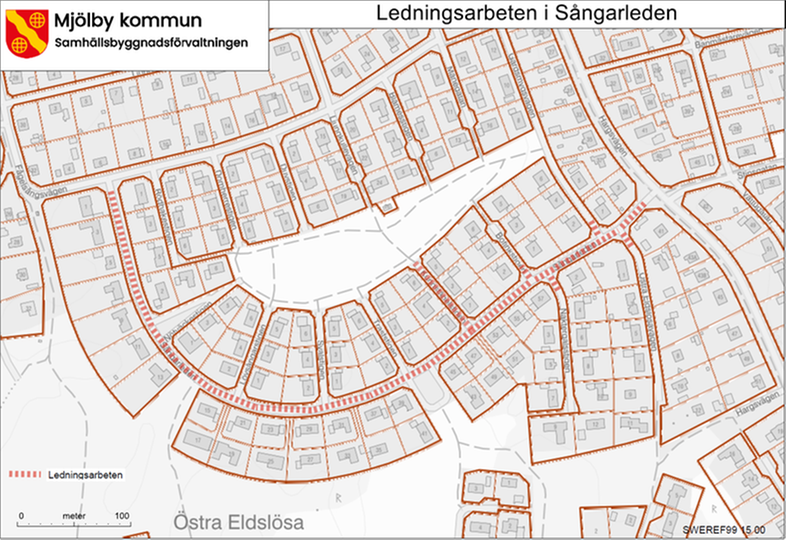 Illustrerad karta över det aktuella området på Sångarleden i Mjölby där ledningarna byts ut