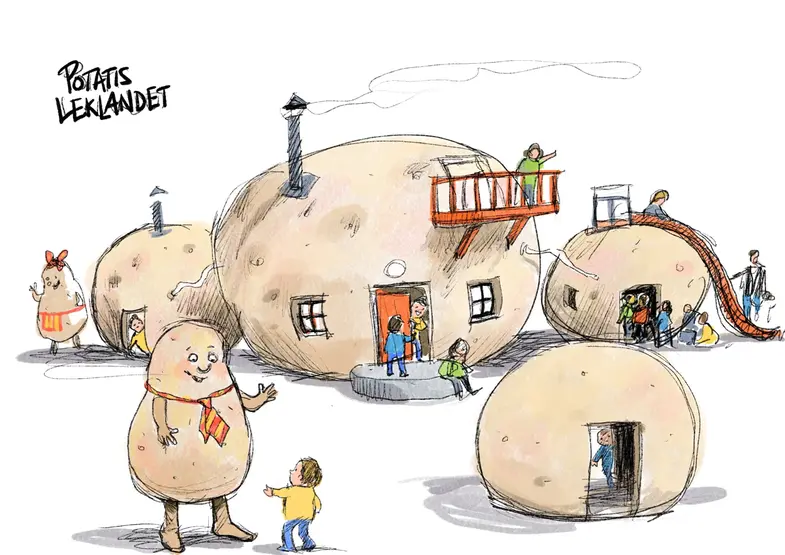 The image shows "Potatis Leklandet" (Potato Playland), a whimsical playground with potato-shaped structures as playhouses. Children are playing around and inside the potato buildings, some of which have features like balconies and slides. Two anthropomorphic potatoes, one with a bow and the other with a scarf, interact with the children. Smoke rises from a chimney on one of the potato houses, adding to the lively atmosphere.